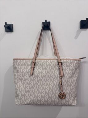 Michael Kors Cream MK Signature Tote with Blush Trim